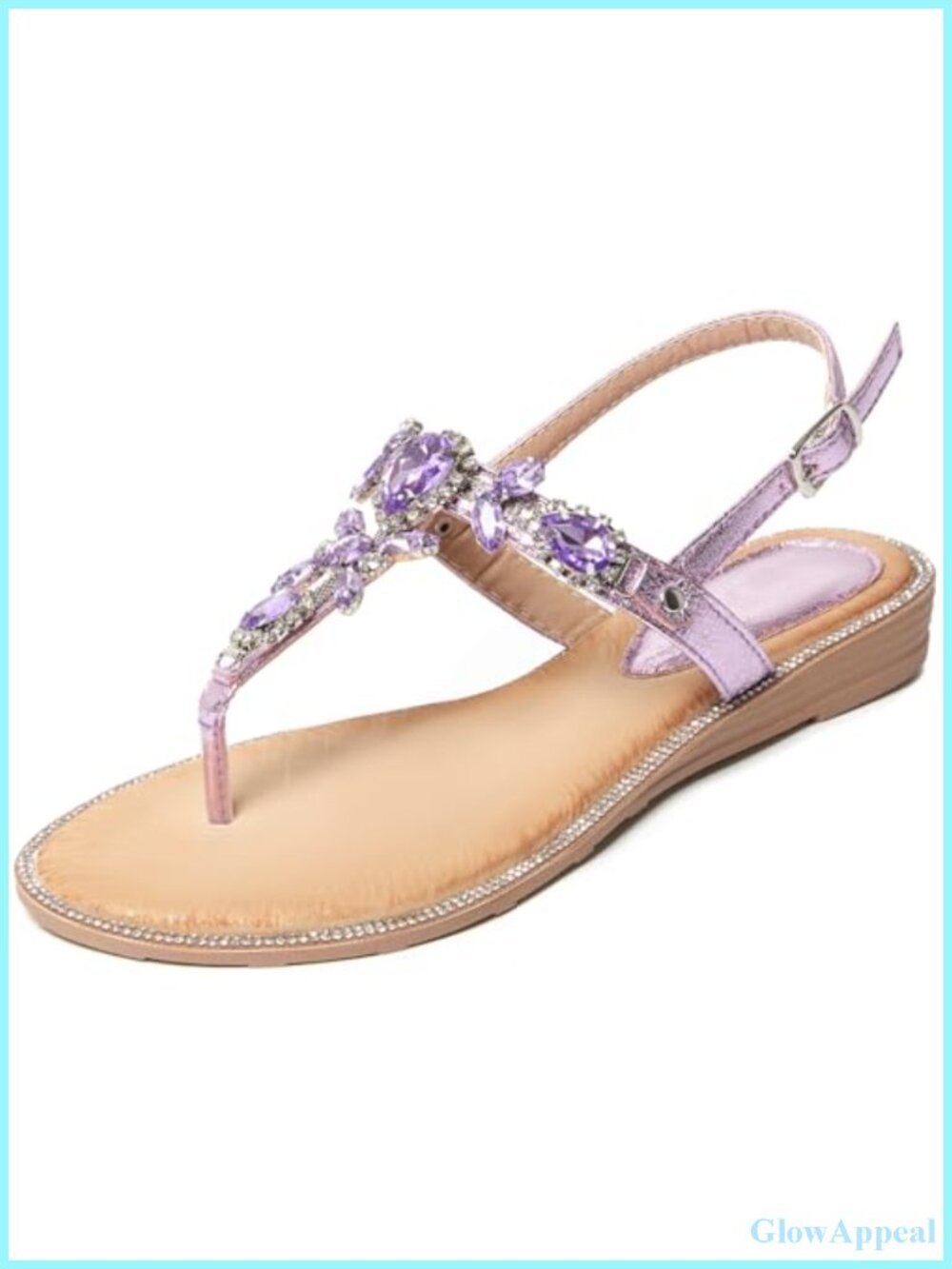 Rhinestone Flat Sandals T-Strap Adjustable Ankle Strap Faux Leather